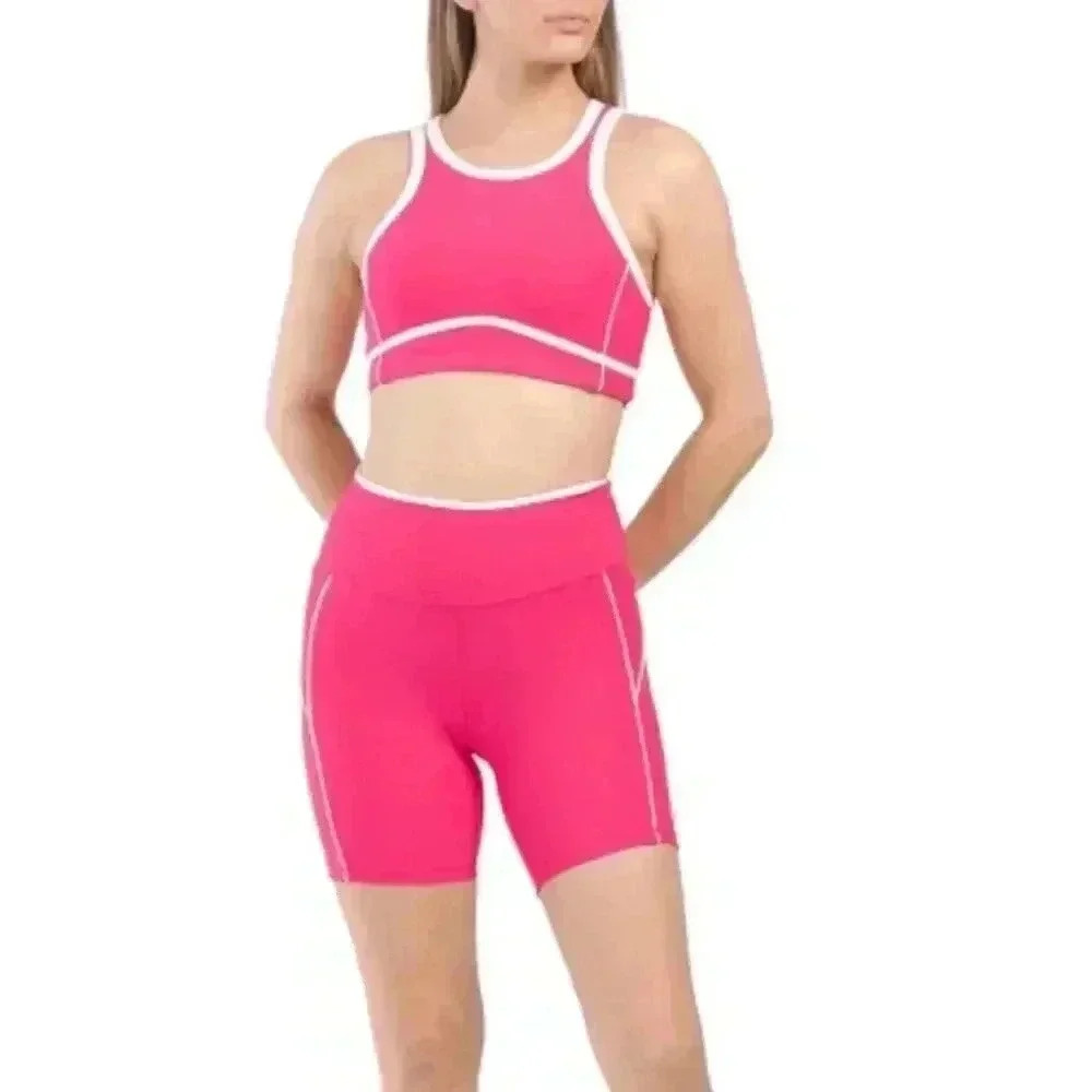 Wilo the Label Womens Ribbed Piper Bra & Short Set Pink Workout‎ Athletic Sports